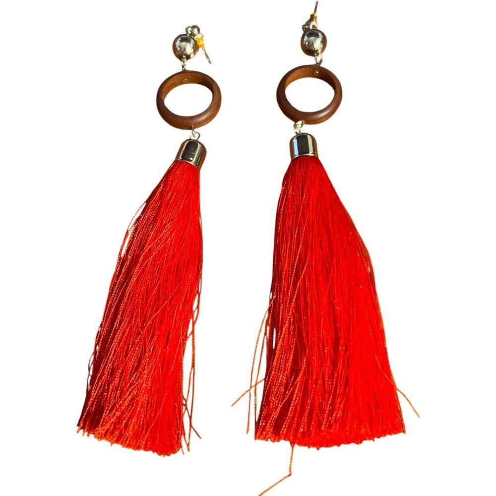 Long Red Tassel Earrings Wood Circles Pierced Silver Tone 6" Boho Statement 6"